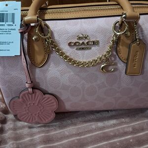Coach Pink Signature Satchel with Tan Trim & Gold Hardware